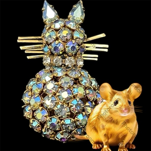 Vintage WARNER Aurora Borealis Rhinestone Cat Pin Brooch (imperfect)* - Picture 5 of 8